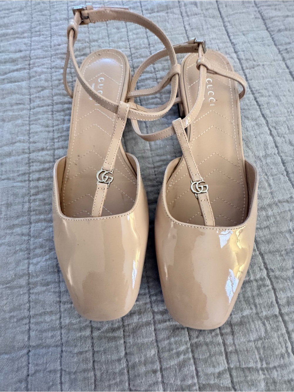 Gucci Nude Patent Leather T-Strap Ballet Flats